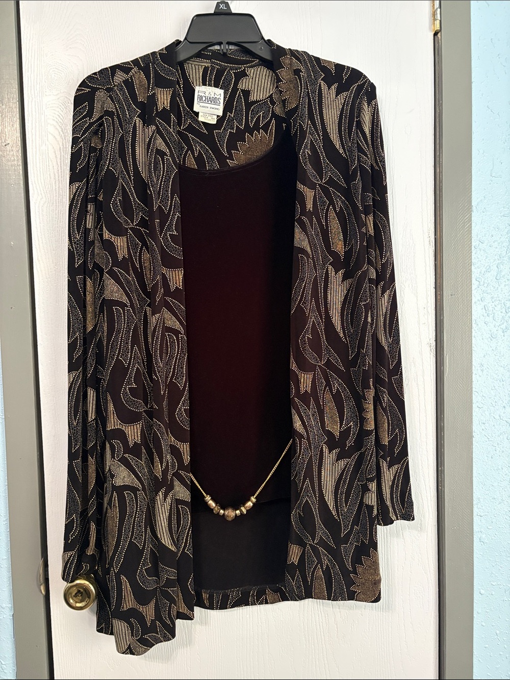 R&M Richards Black and Gold Leaf-Print Cardigan Set with Tank